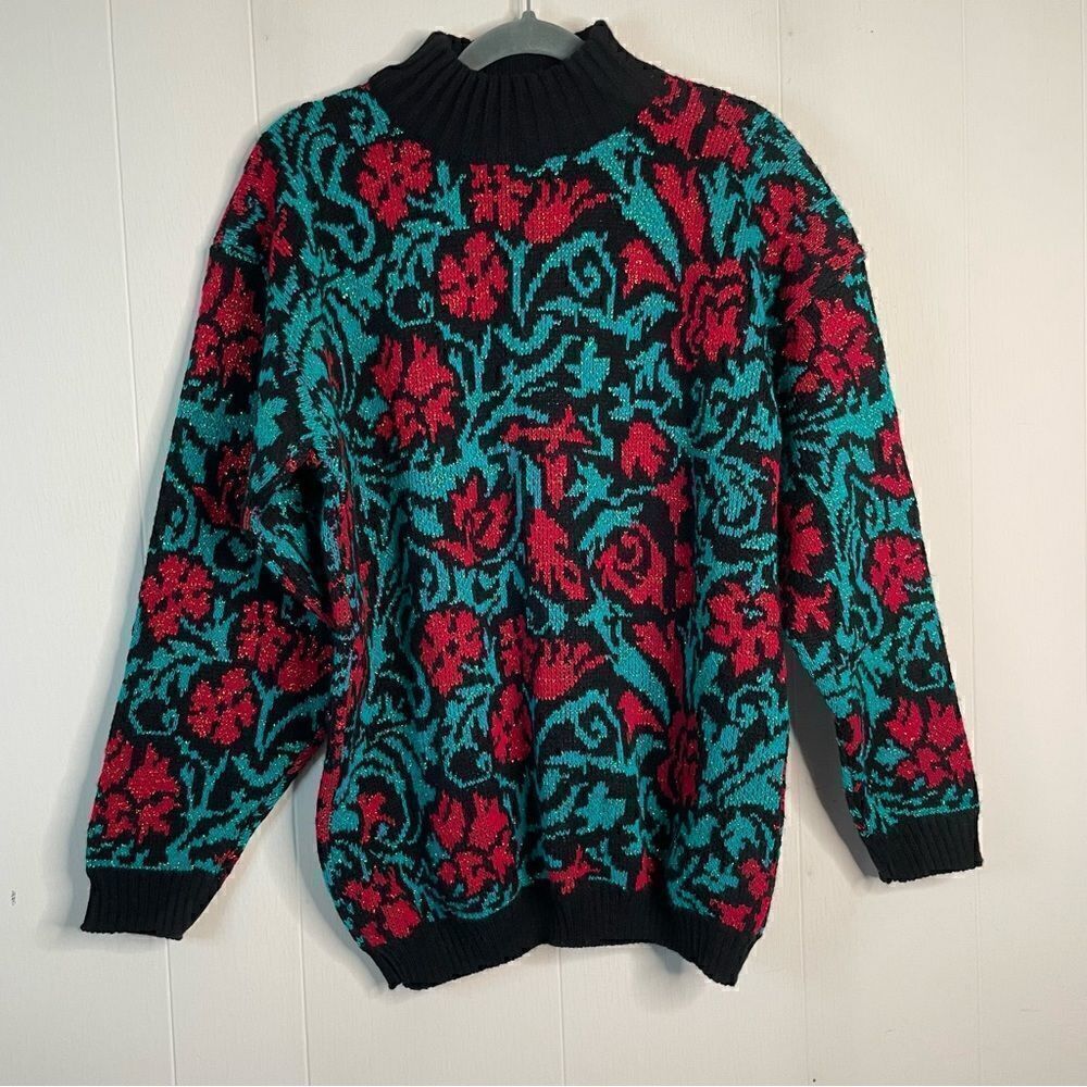 Vintage Spunky Floral Red and Green Mock Neck Sweater
